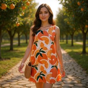 Leanne Simpson Orange Citrus Sleeveless Mini Swing Dress Size S